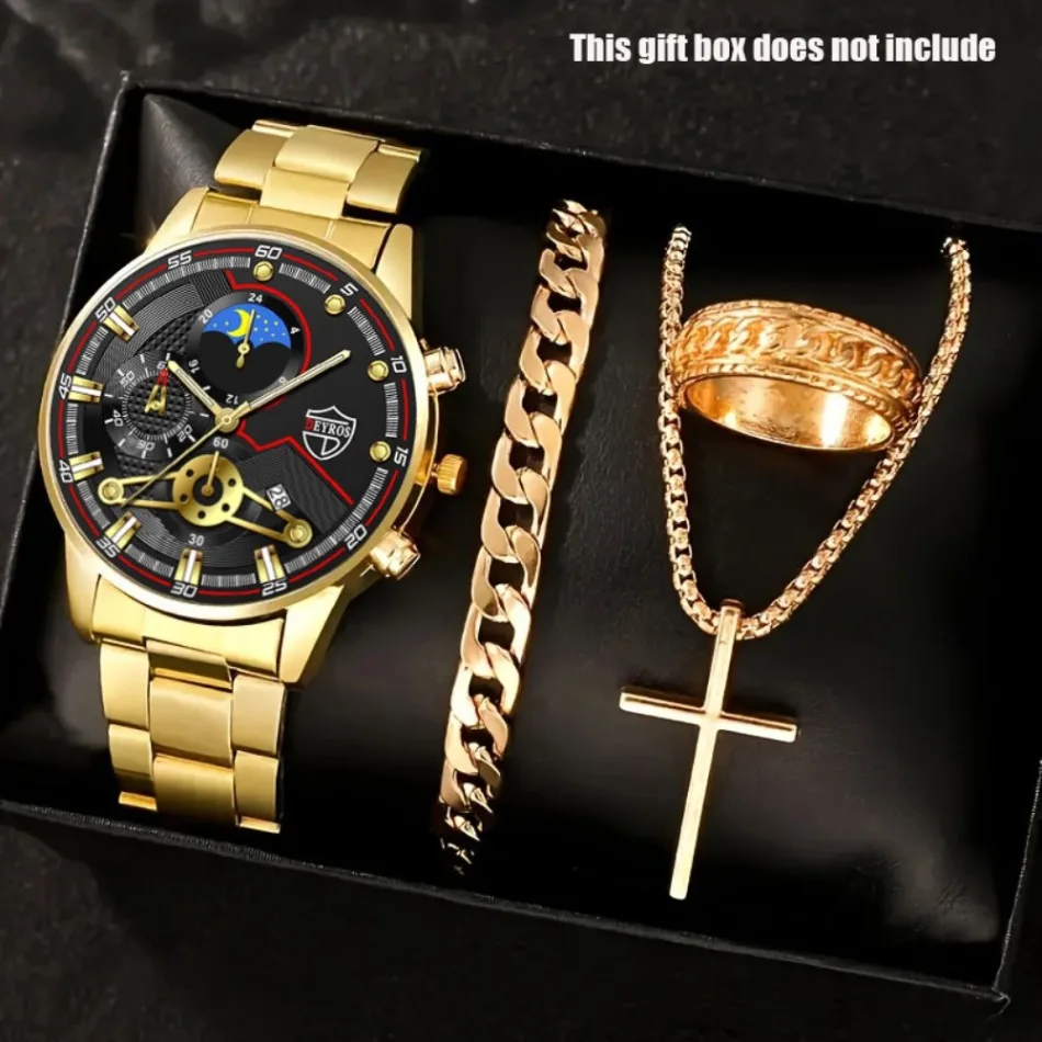 4pcs/set Watches + Jewelry, Men'S Quartz Watches and Three Pieces of Jewelry, Comfortable To Wear, Stylish Accessories, Men Gift