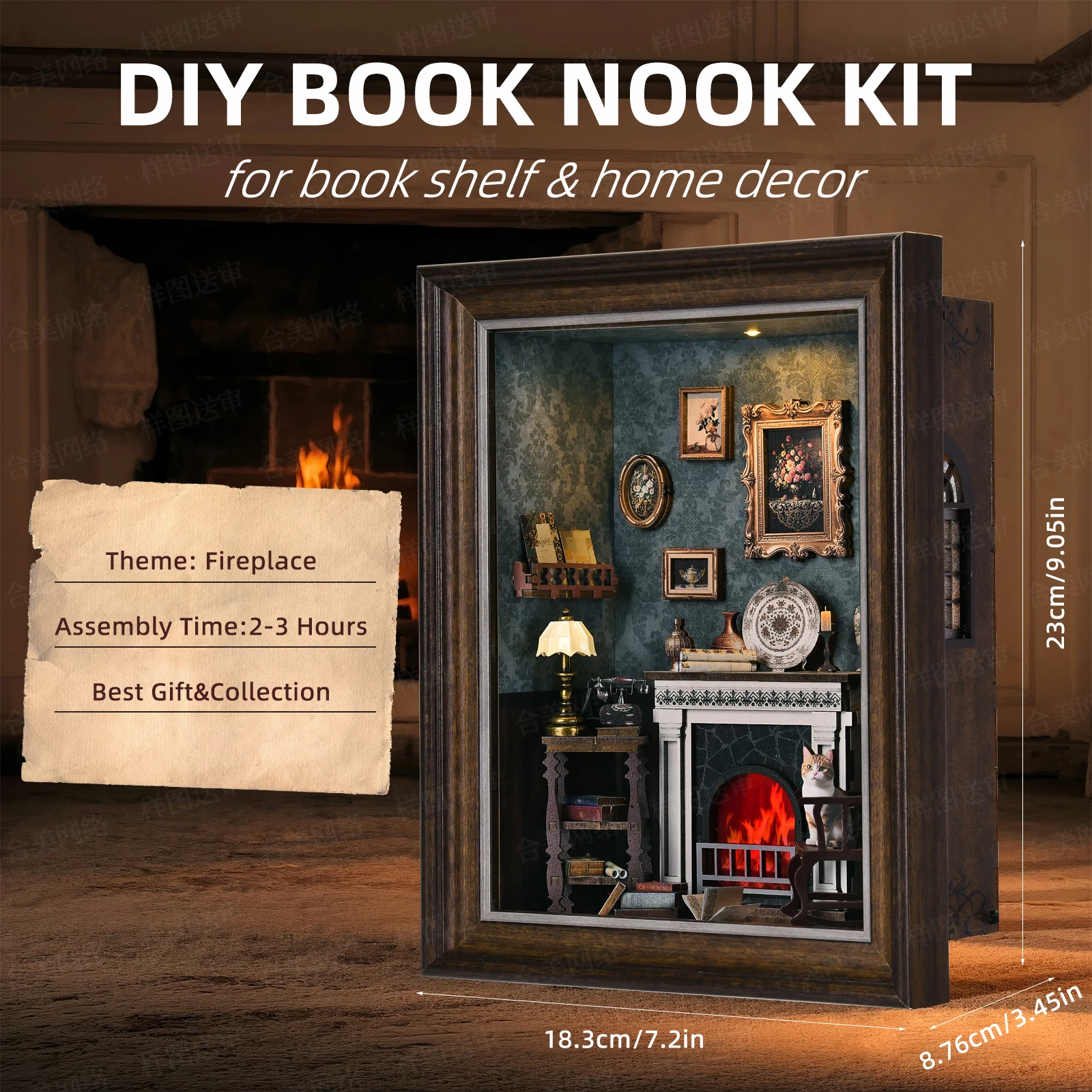 Bücherregal-Deko-Set Kamin DIY 3D Holzpuzzle Fotorahmen Ornament Bücherregal Puppenhaus Modell Buchstütze Bausatz Heimdekoration – Detail 2