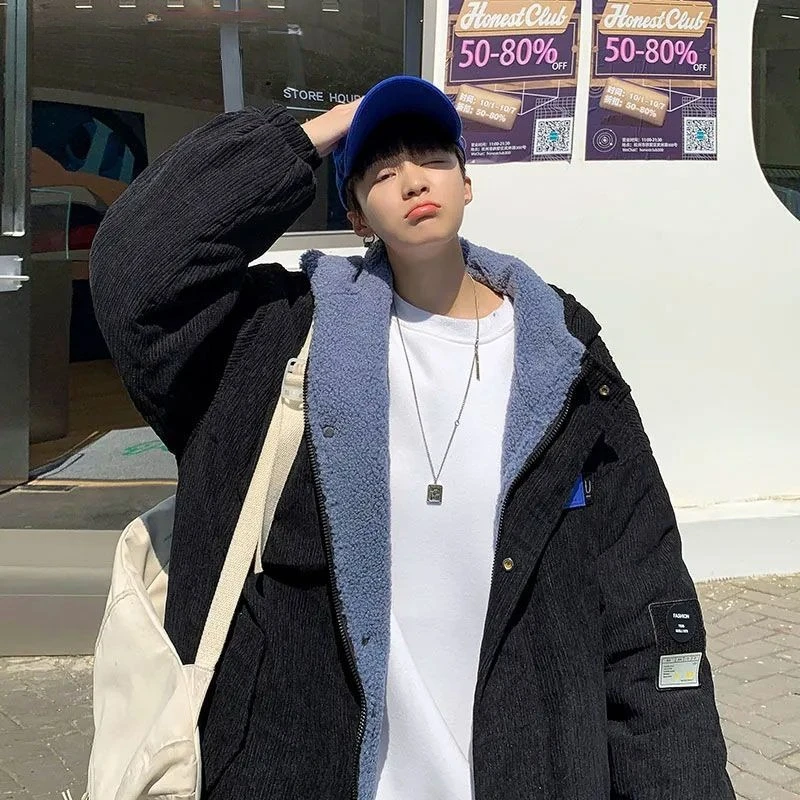 Veste rembourrée en velours côtelé pour homme, manteau à capuche, doublure polaire décontractée, fermeture éclair mi-longue, résistant à l'usure, beau Parkas épais de rue