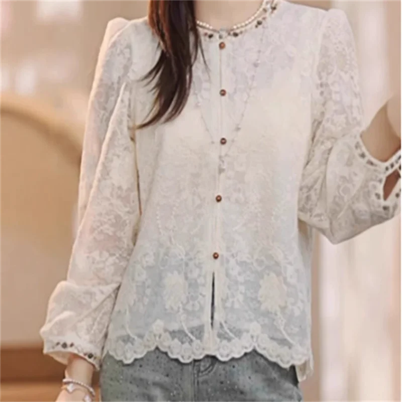 

Lace Women's Blouse Round Neck for Women White Top Loose Button Up Shirt Retro Spring Summer Woamn Clothes Blous Tops