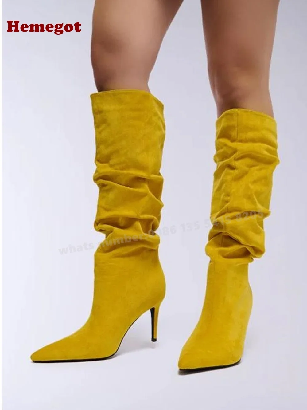 Yellow Faux Suede Slouch Boots Pleated Pointy Toe Slip On Women's Knee High Boots Solid Warm Casual Shoes Elegant New Designer