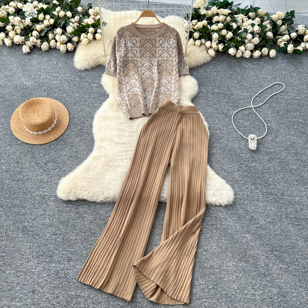 

Винтажные летние женские повседневные модные свободные трикотажные комплекты из 2 предметов, футболка с короткими рукавами и круглым вырезом, эластичные свободные широкие плиссированные брюки