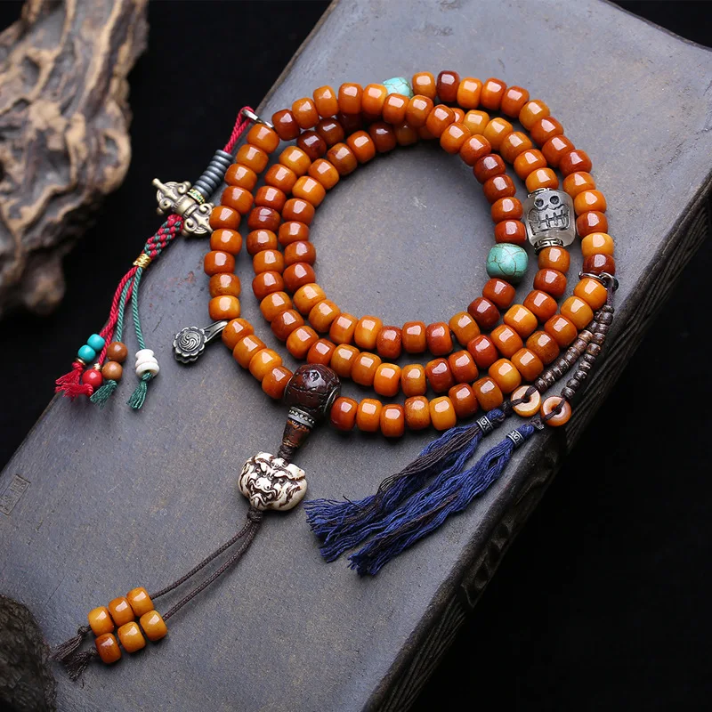 Yak bone barrel 108-piece Buddhist prayer beads with tassel side hanging and phoenix-eye Bodhi three-way connector accesso