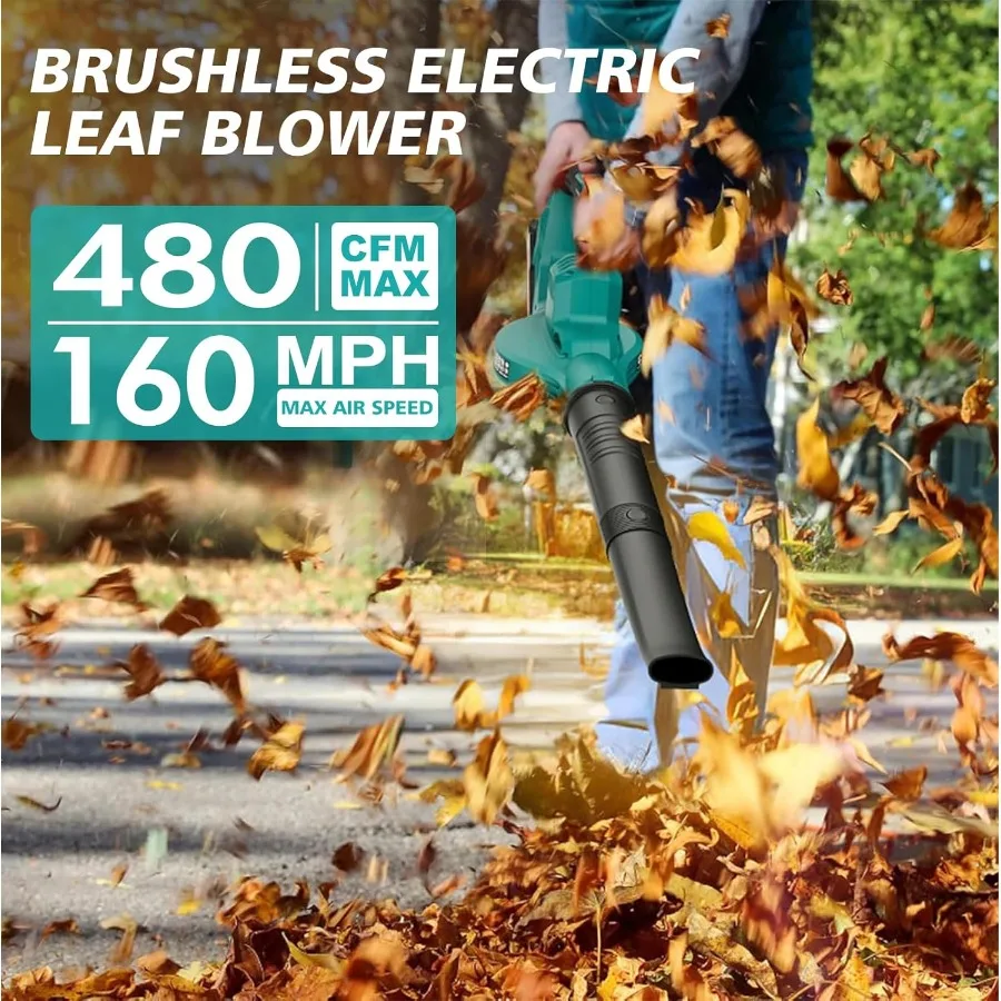 Soffiatore per foglie elettrico senza fili da 20 V con batteria 2X 2.0 Ah e caricabatterie 480 CFM 160 MPH Soffiatore per foglie alimentato a batteria Ha