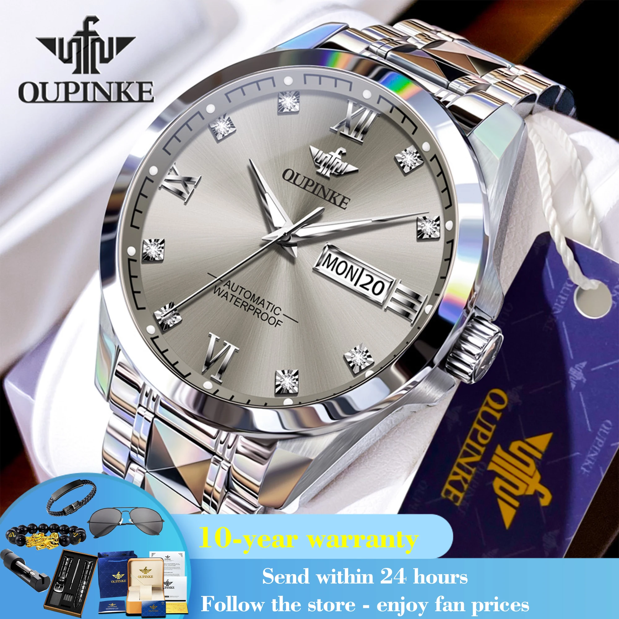 

OUPINKE 3262 Mechanical Watch For Men Luxury Original Dual Calendar Waterproof Man Wristwatch Diamond Scale Business Dress Watch