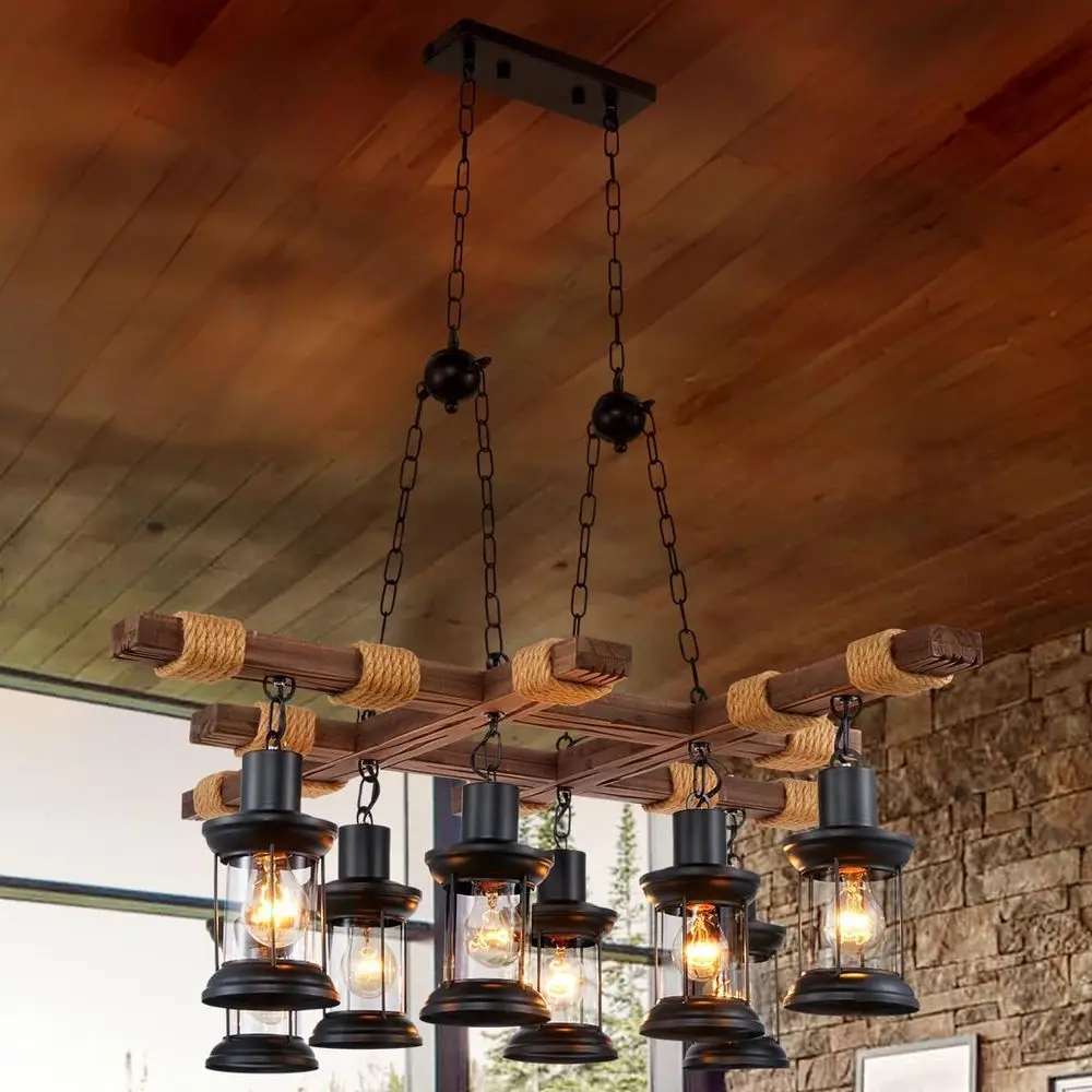 

Industrial Chlier Hanging Light ixture Rustic Wood Design Pendant Chlier Lamp with 8 Glass Shades or armhouse Bar Cae Dinning Ta