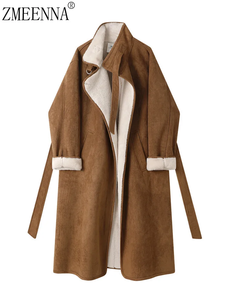

ZMEENNA Brown Faux Suede Shearling Lined Long Coat For Women Warm Collar Winter Jacket With Belt Casual Everyday ZM3576
