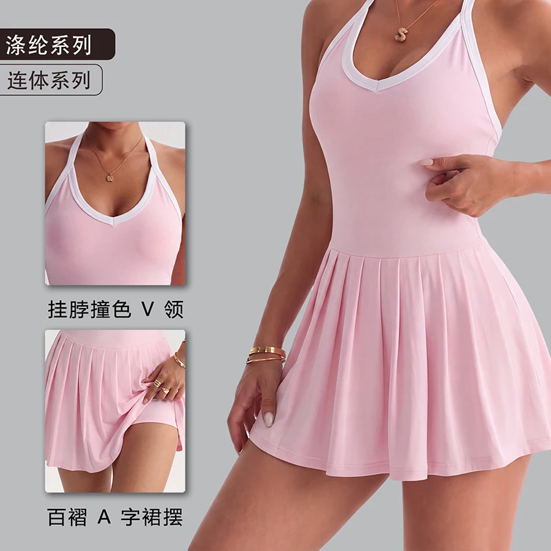 Seamless Tennis Dress Women Solid Color Sleeveless Pleated Golf Dress With Built-in Shorts Gym Exercise Dress