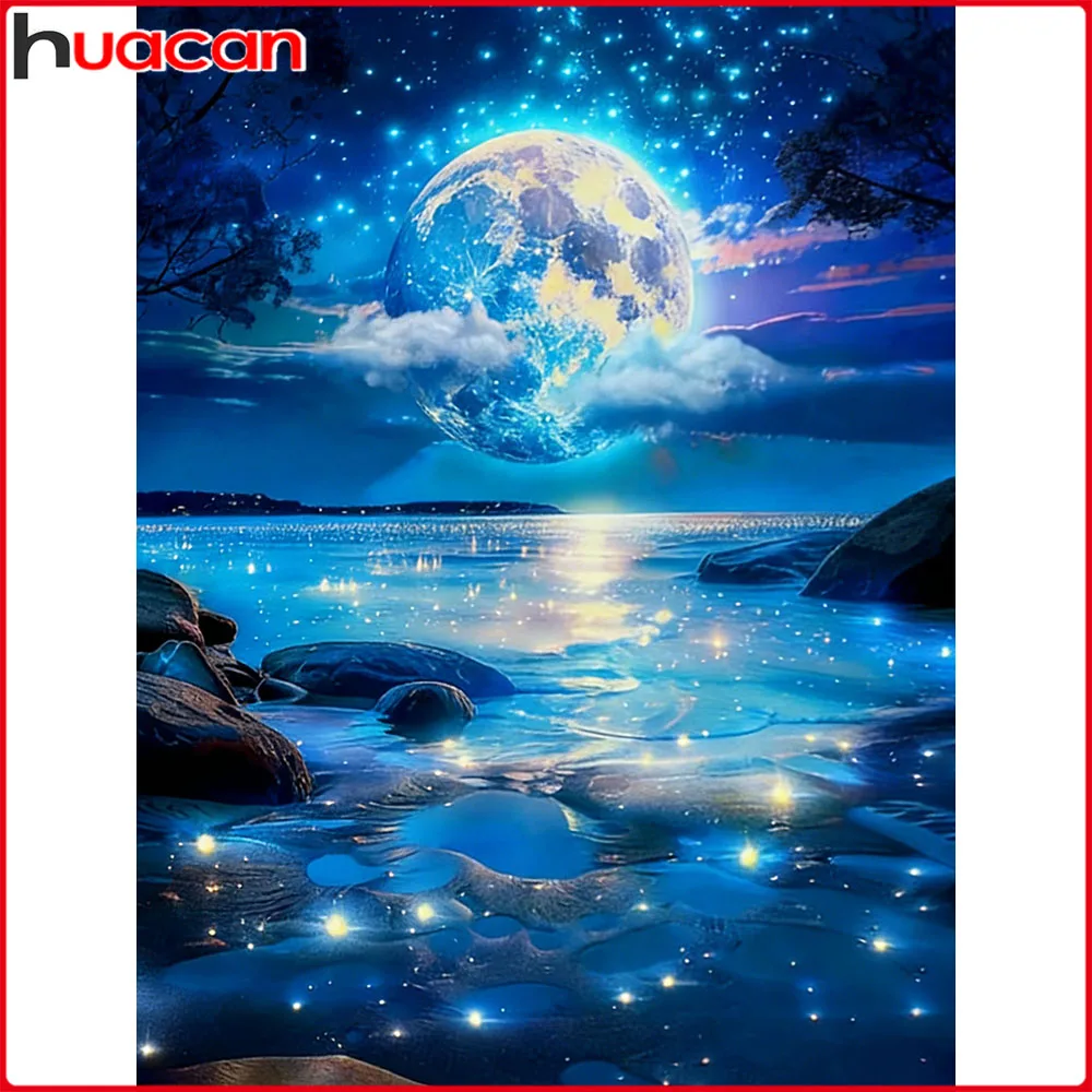 Huacan Diamantmalerei, Mond, Fluss, Sternenhimmel, Diamantmosaik, Landschaft, komplettes Set, Bild aus Strasssteinen