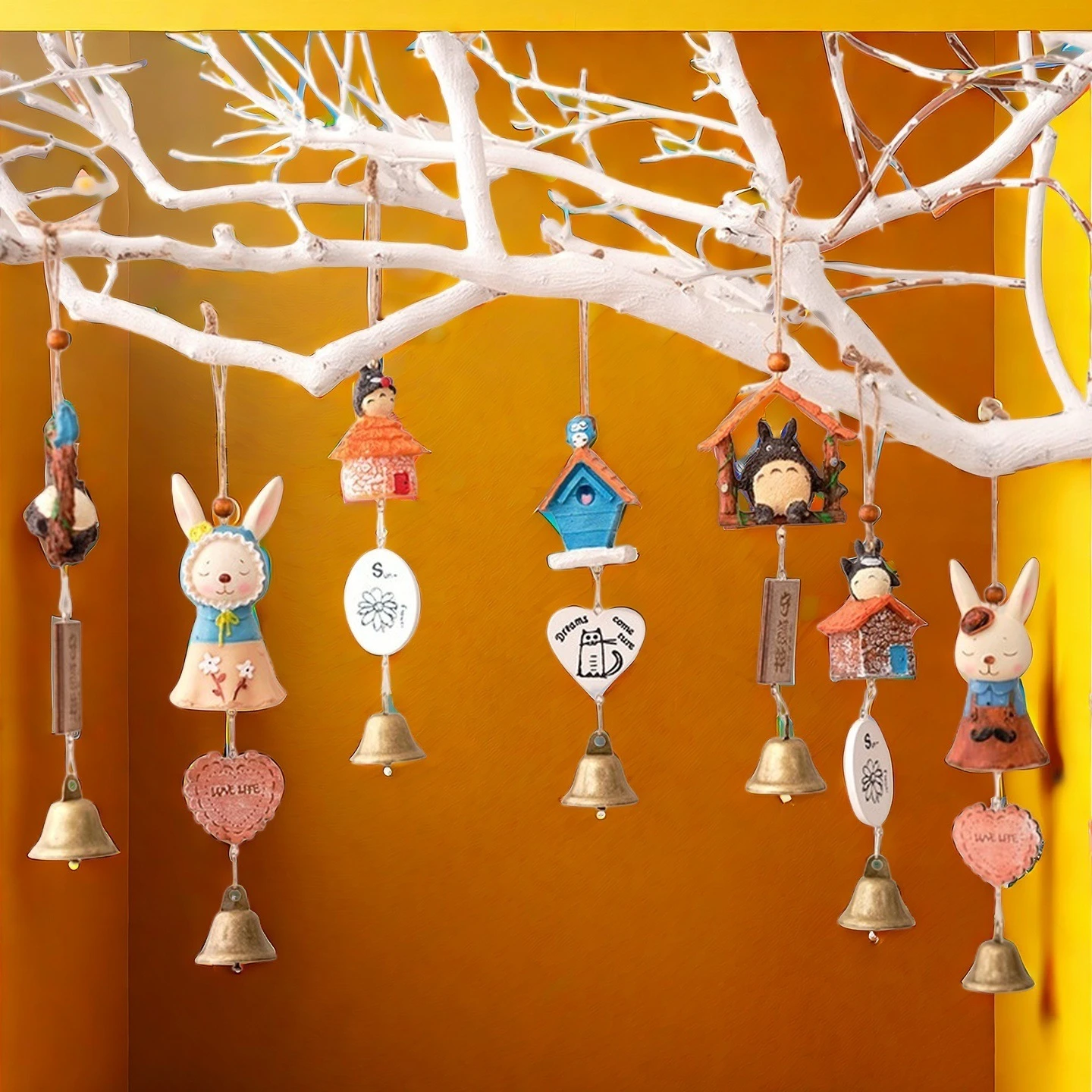 Kawaii Animal Wind Chime Resin Rabbit Cat Figurine Pendant Metal Bell Indoor Outdoor Garden Wall Hanging Ornament Gift