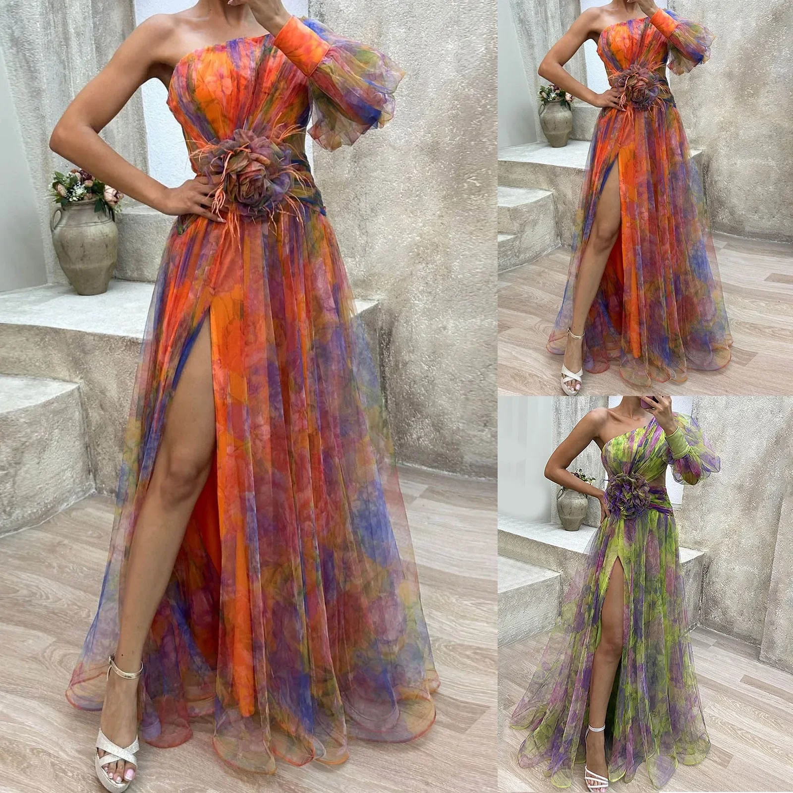 Frauen Abendkleid eine Schulter doppels chichtige Tie-Dye Blumen druck Rose Dekor Mesh Blase Ärmel boden lange geteilte Saum Ball