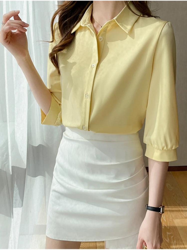 Silk Women Shirt Three Quarter Sleeve Blouses for Women Satin Blouses and Shirts Summer Fashion Women Clothing White Women Tops