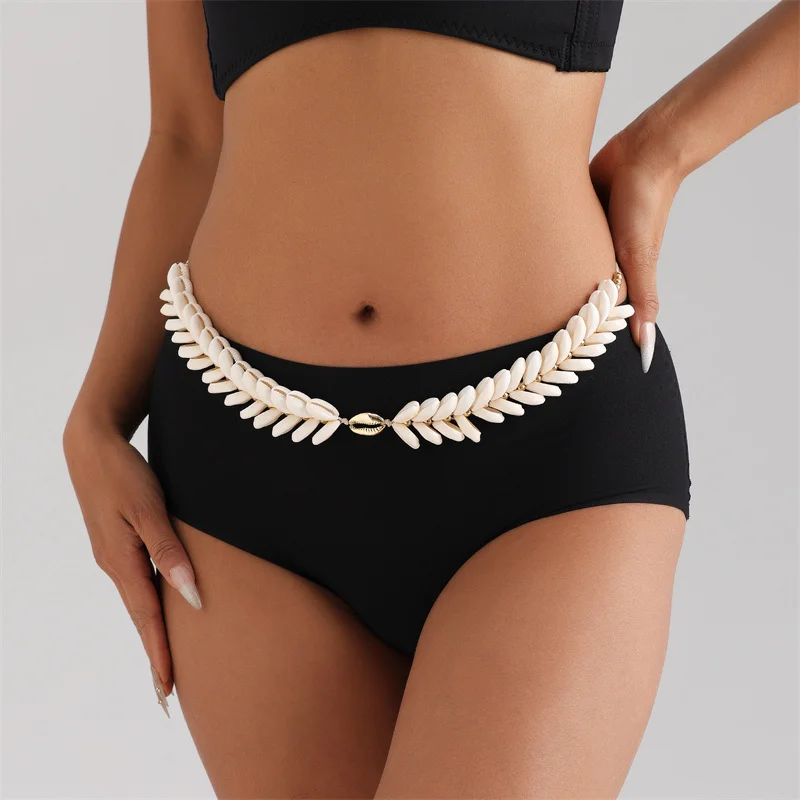 Cadena de cuerpo de ocio de playa de verano para mujer, cadena de cintura de encaje ajustable de concha Natural tejida a mano, accesorios de joyería de moda