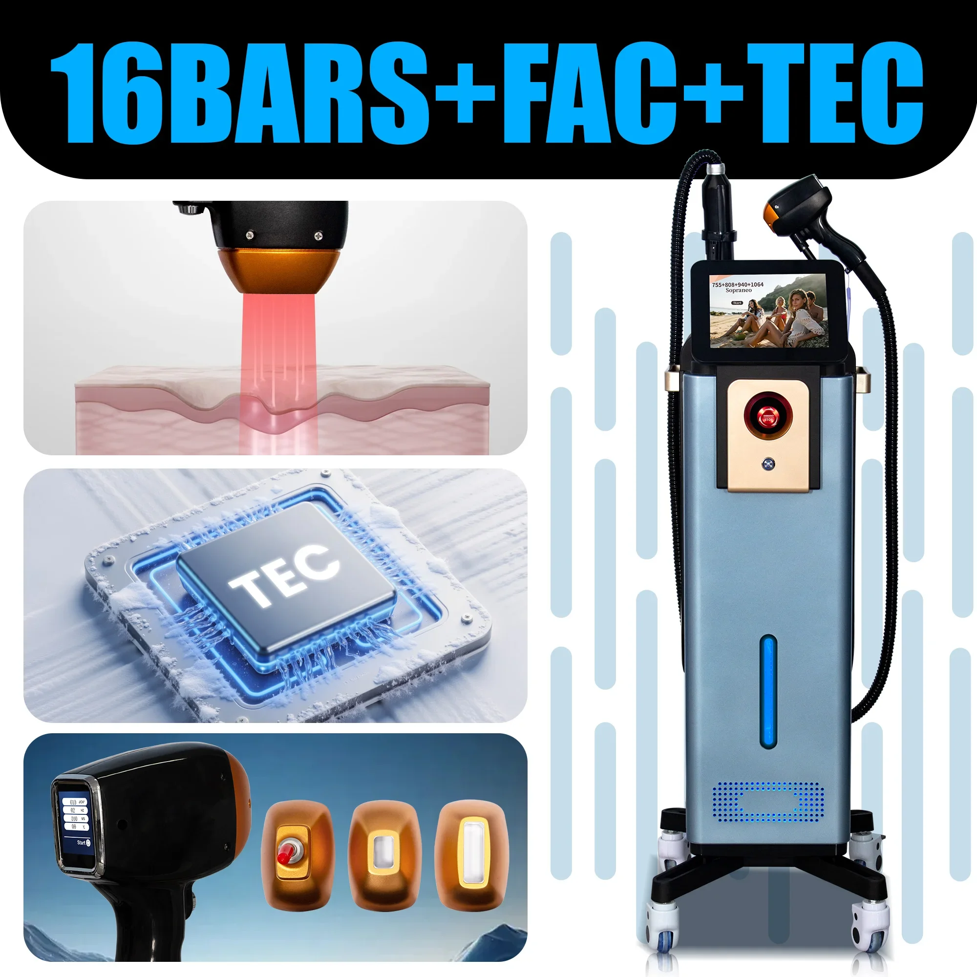 16 Bars Diode Laser Hair Removal Machine 6 Wavelengths Pico Tattoo Removal FAC Collimation Ice Cooling System Foldable Touch