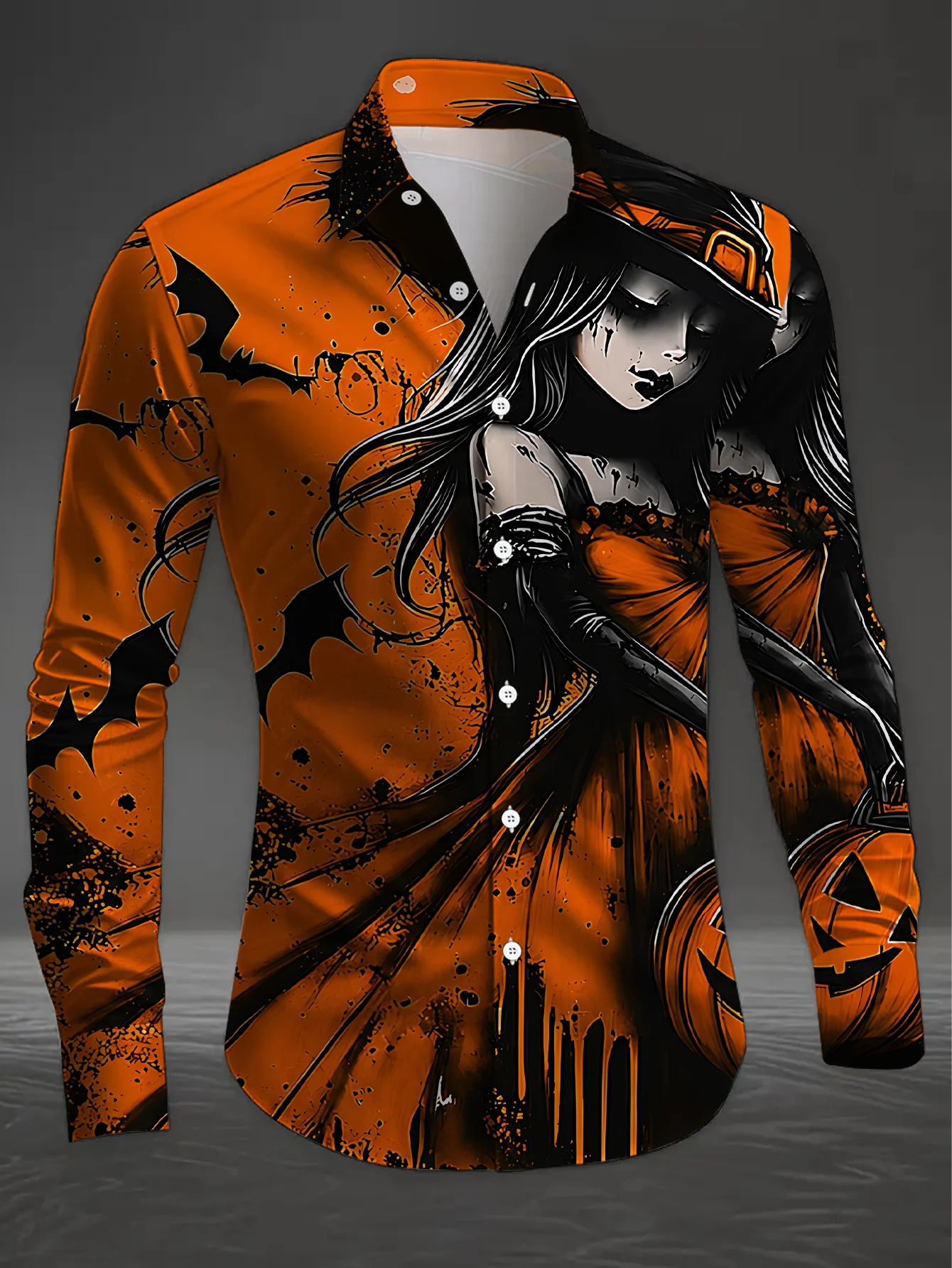 Men Long Sleeve Button Down Shirt Orange Dark Witch Lady Bat Pumpkin Print Polyester Lapel Collar Halloween Party