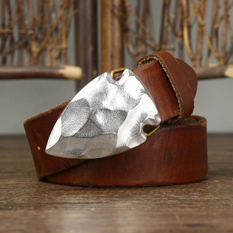 Retro trend, personality pull, stainless steel smooth buckle, top layer cowhide belt, men's leather plate buckle, jeans belt