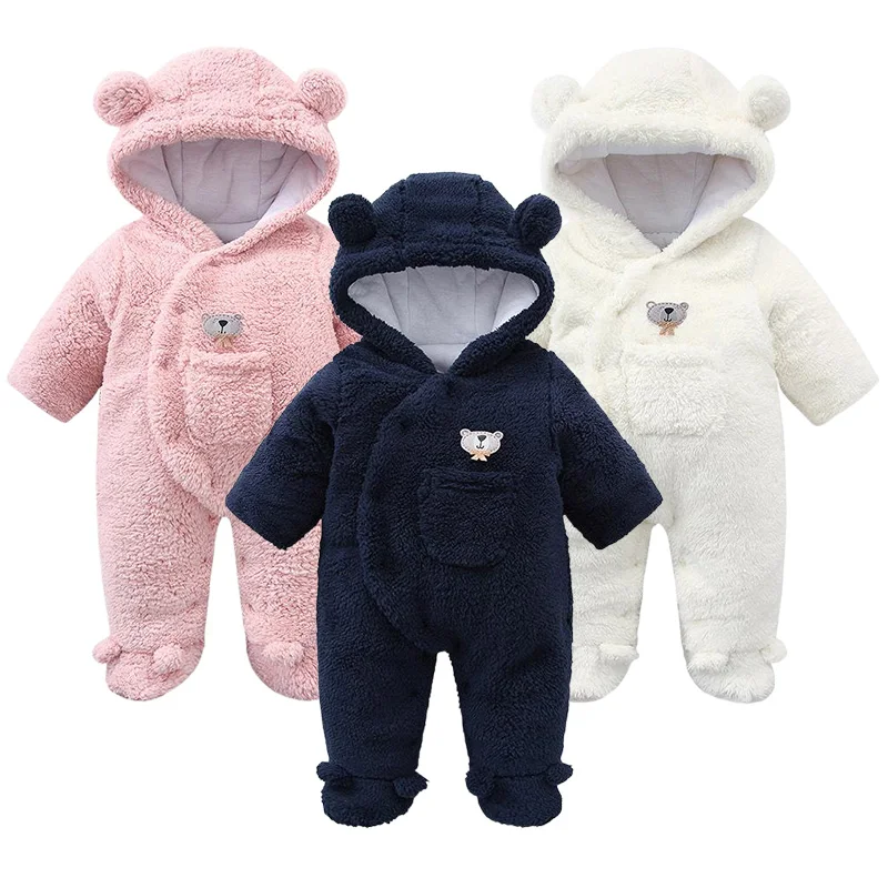 

Winter Baby Romper for Girls Boys Soft Fleece Hooded Jumpsuit Cartoon Bear Toddler Loungewear Thicken Infant Outfit