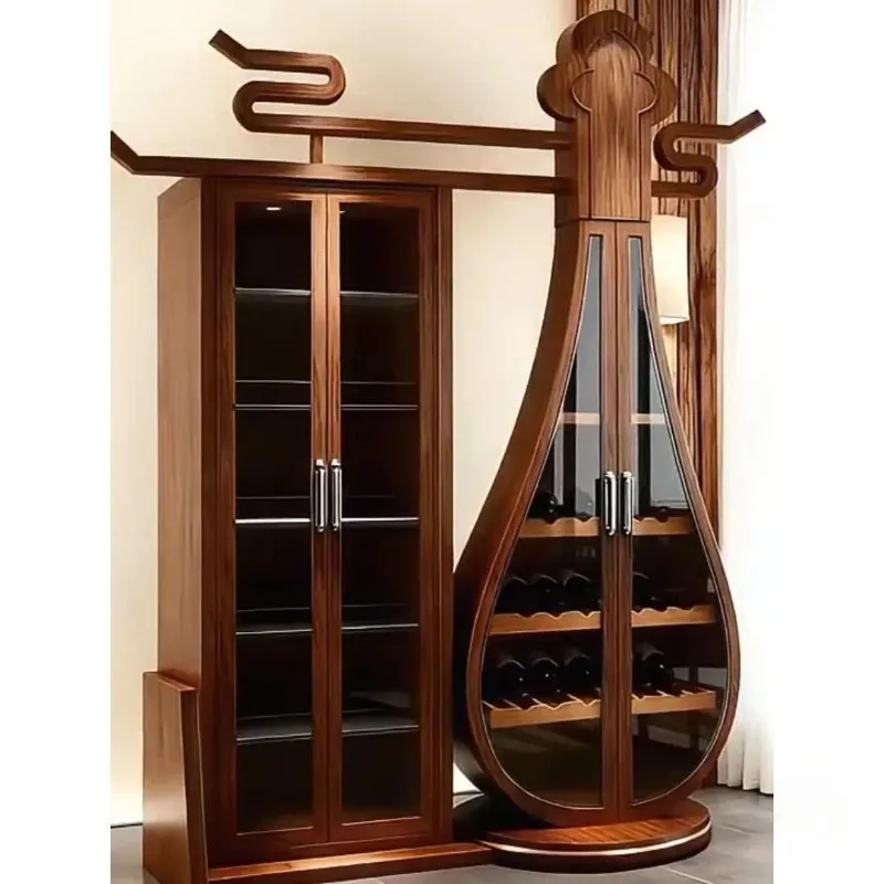 Black walnut wine  bookcase display  living room wall   European light luxury solid wood wine cabinet