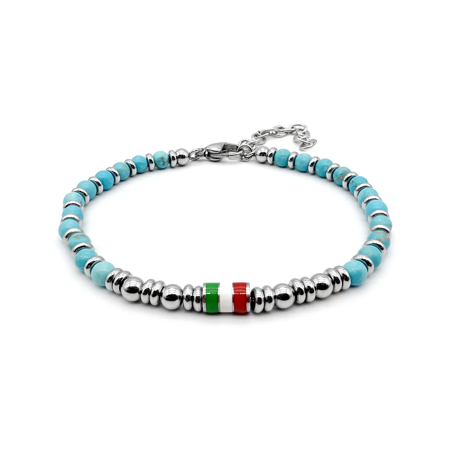 Runda Natural Stone Bracelet Turquoises Beads with Enamel Flag Stainless Steel Adjustable Size 22cm Handmade Bead Men’s Bracelet