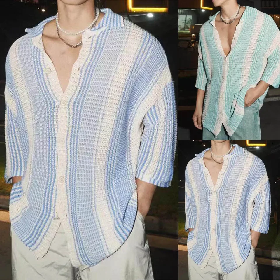 Summer Clothing Men'S Luxury Hollow Out Knitted Short Sleeve Polo Shirt Leisure Striped Button-Down Shirts Breathable Knitwear