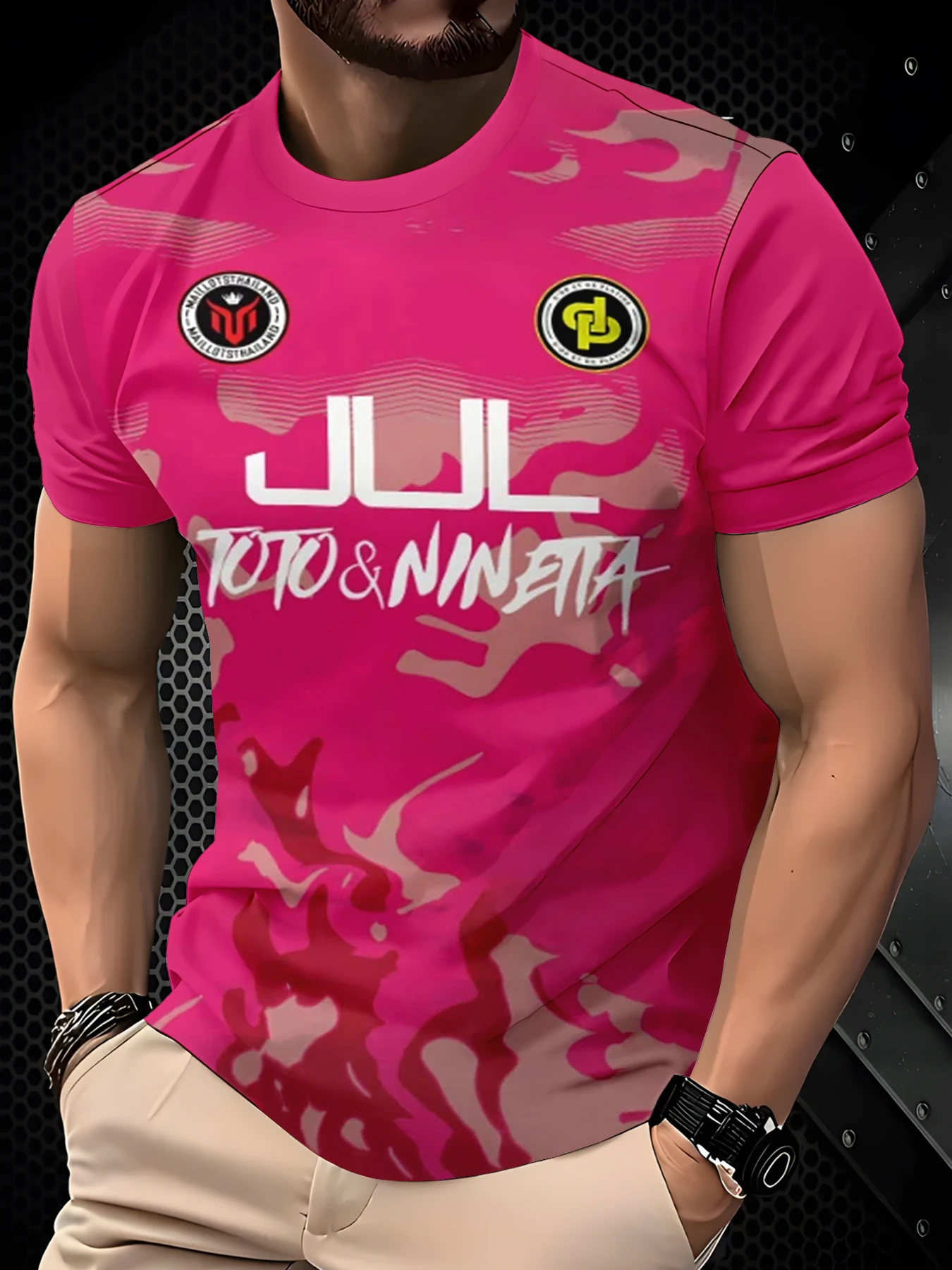 Men Hot Pink Camo Crew Neck Double Layer White Letter & Round Badge Graphic Short Sleeve T-Shirt