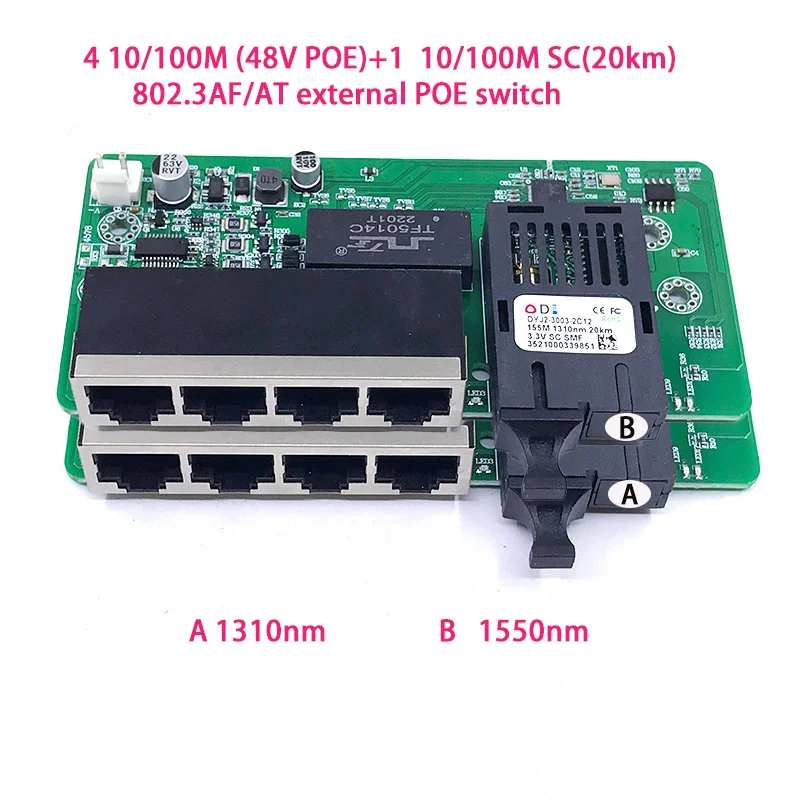 Standard protocol 802.3AF/AT 48V POE OUT/48V poe switch 4 10/100 mbps POE poort;1 10/100 mbps SC 20KM  poe switch