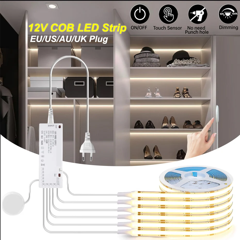 Under Cabinet Collection Lamp Touch Dimmable COB LED Strip Light DC 12V Bookcase Wardrobe Closet Tape with EU US AU UK Plug