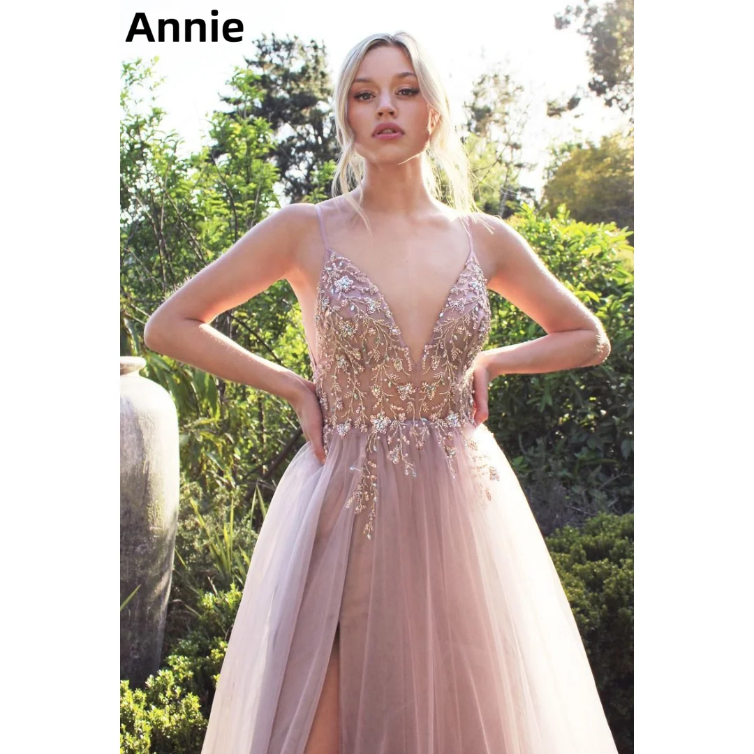 Hand Appliqued Glitter Prom Dress فستان حفلات الزفاف Sexy V-neck Side Slit Evening Dress Light Pink Tulle A-line Party Dress