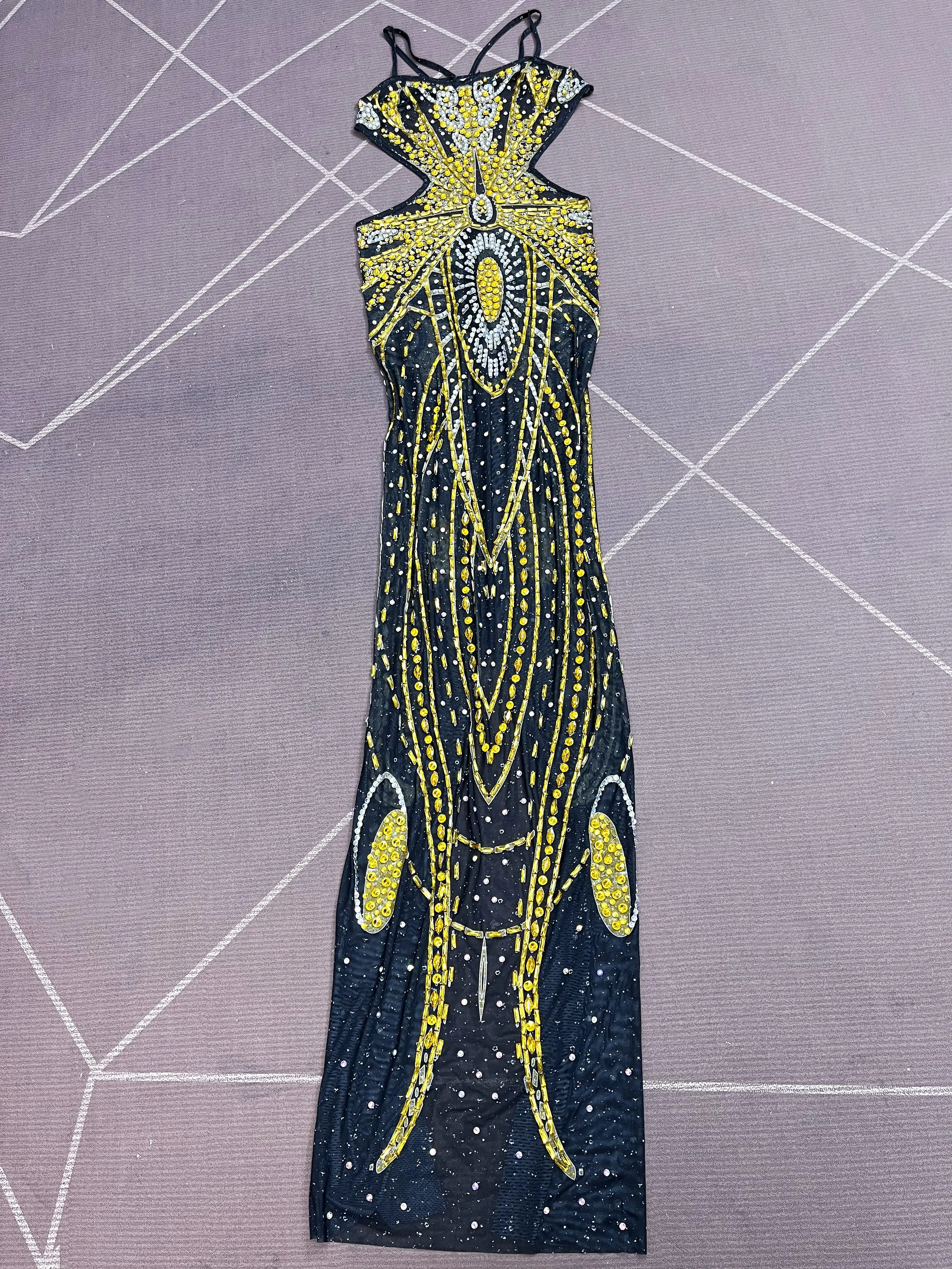 High-end Flashing Gold Rhinestones Hollow waist Mesh Suspenders Dress Evening Party Exquisite Gown Red carpet Outfit Heijinxian view 6