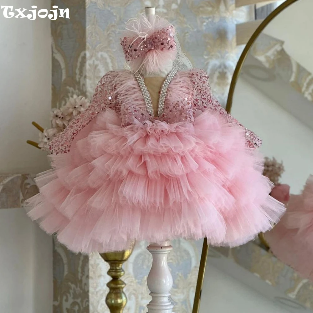 2025 New Arrival Exquisite Tiered Tulle Princess Gown Kids Wedding Clothes Shiny Sequins Pearls Girls Dresses Dance Performance