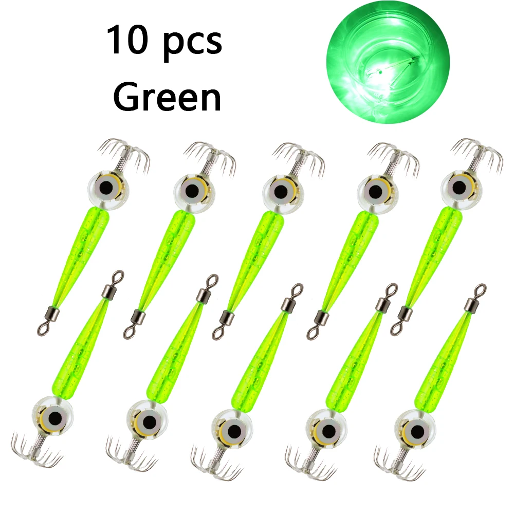 

10 pcs LED illuminated fishing light, double-layer squid hook, Simulated wooden shrimp, sea fishing flashing to attract fish