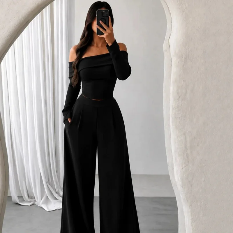 QICHE Women 2026 Spring Autumn Off‑Shoulder Long‑Sleeve Cropped Top Wide‑Leg Pants Two‑Piece Casual Set