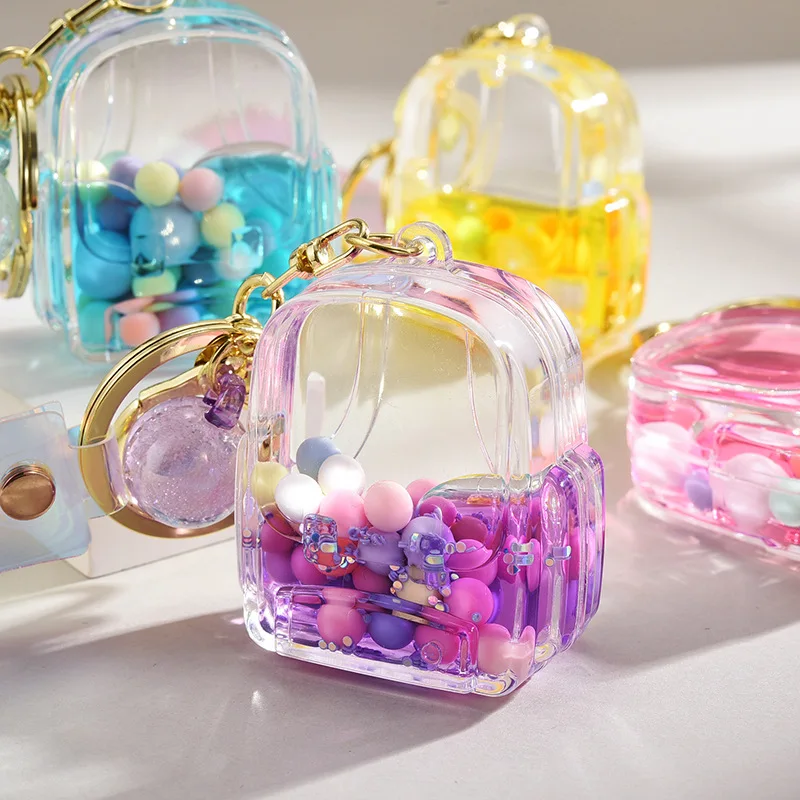 Cartoon Simulation Schoolbag Floating Liquid Keychain Colored Beads Quicksand Bottle Keyrings Charm Jewelry Accessories Key Ring