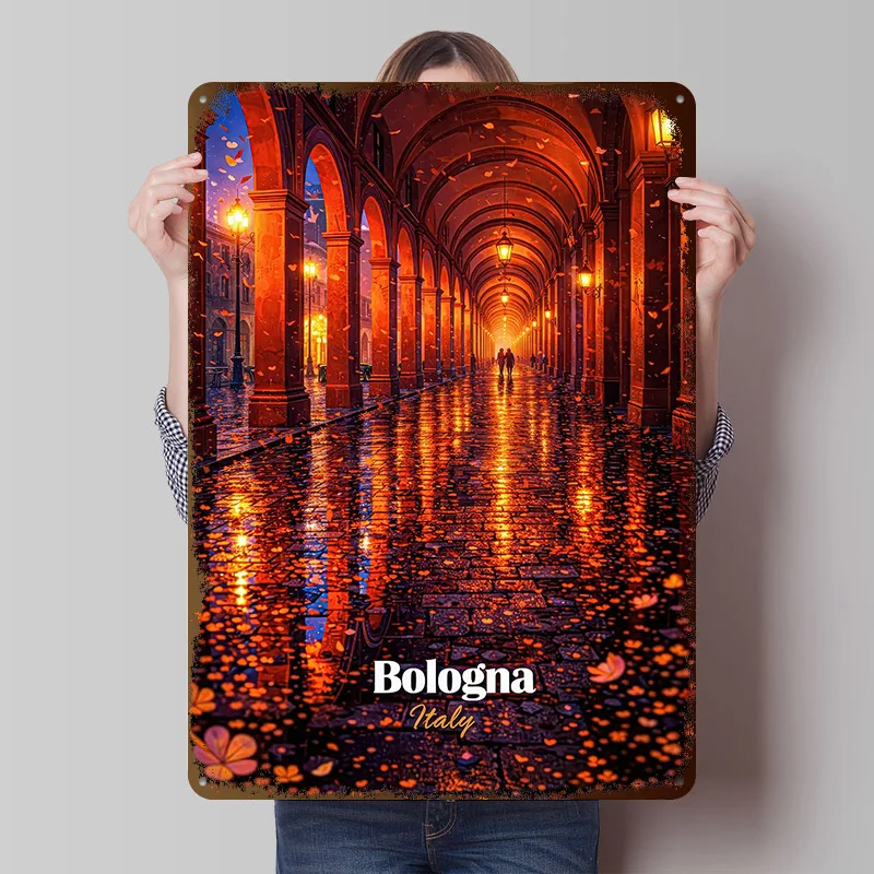 Bologna Italien Bögen bei Nacht Metallposter Individualisierte Wandkunst Retro Vintage Metallschilder für Männerhöhle Garagendekoration Gaming
