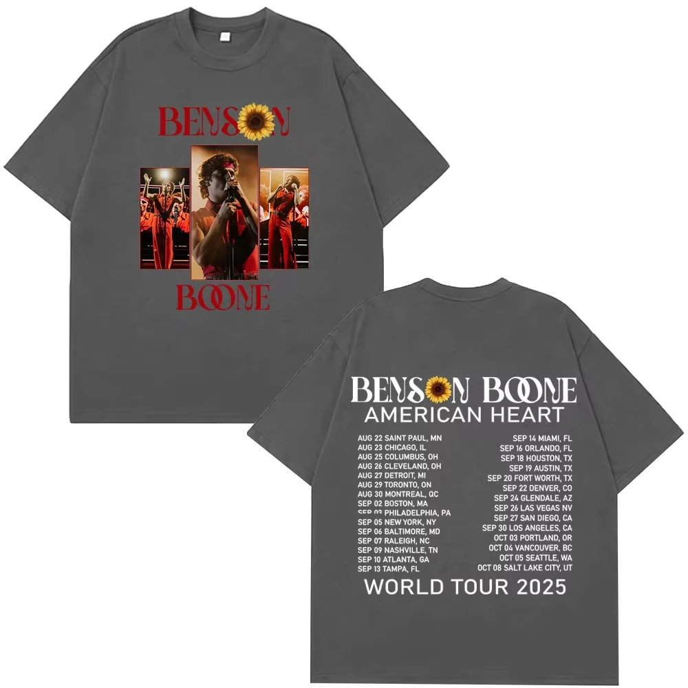 Hip hop moda feminina verão algodão casual camiseta fã presente benson boone americano coração tour 2025 retro impresso camiseta