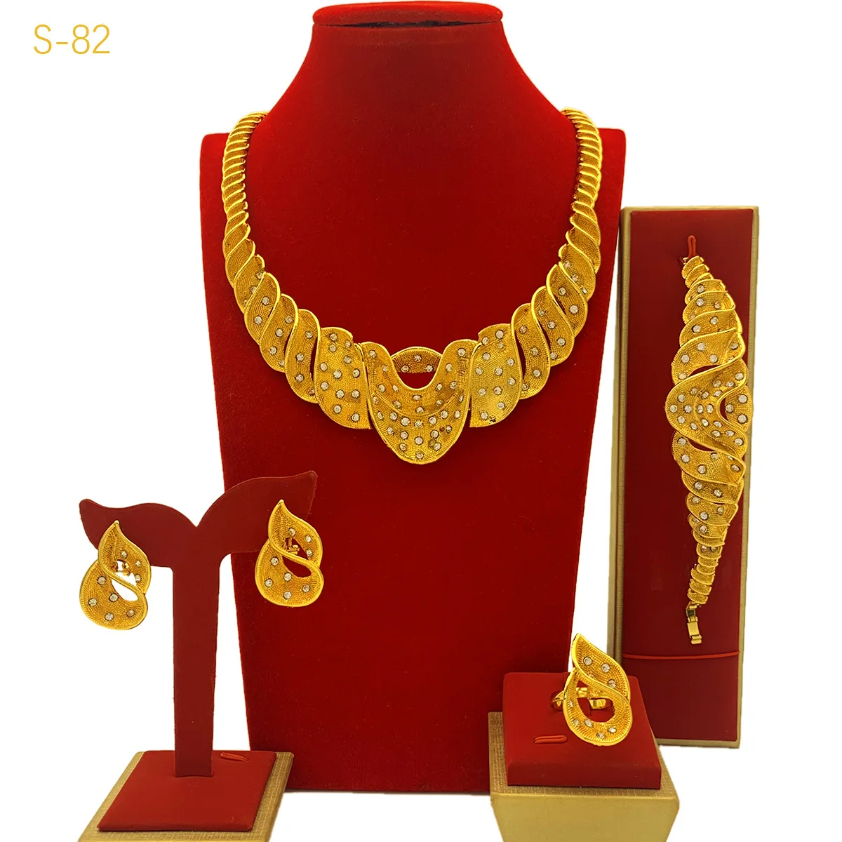 

24K Gold AU999 Women Irregular 3D Minimalist Luxury Necklace Bracelet Earrings Ring 4-Piece Set - Premium craft, detailed