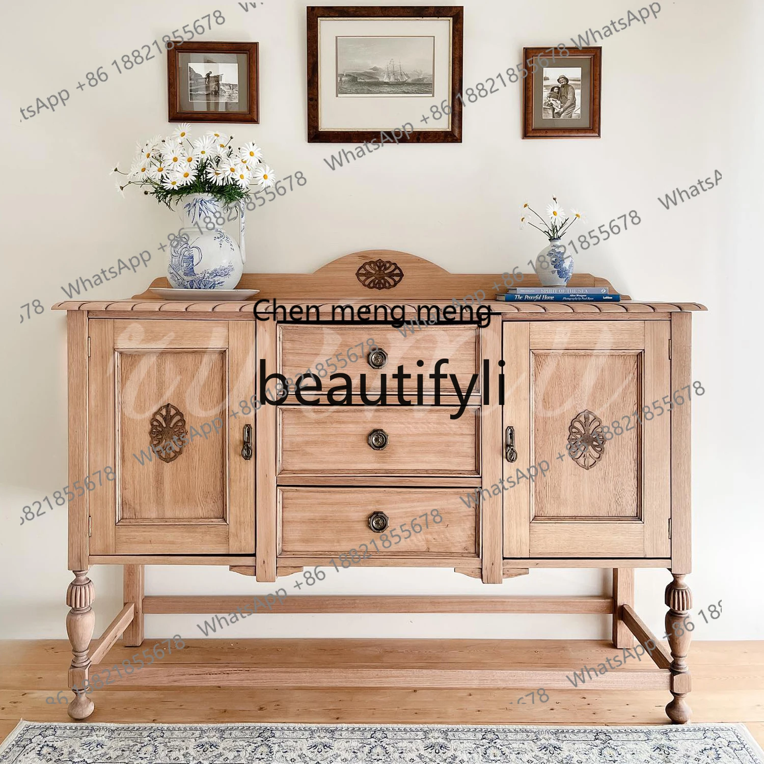 

American retro solid wood dining side cabinet home dining room storage cabinet French simple living room kitchen locker