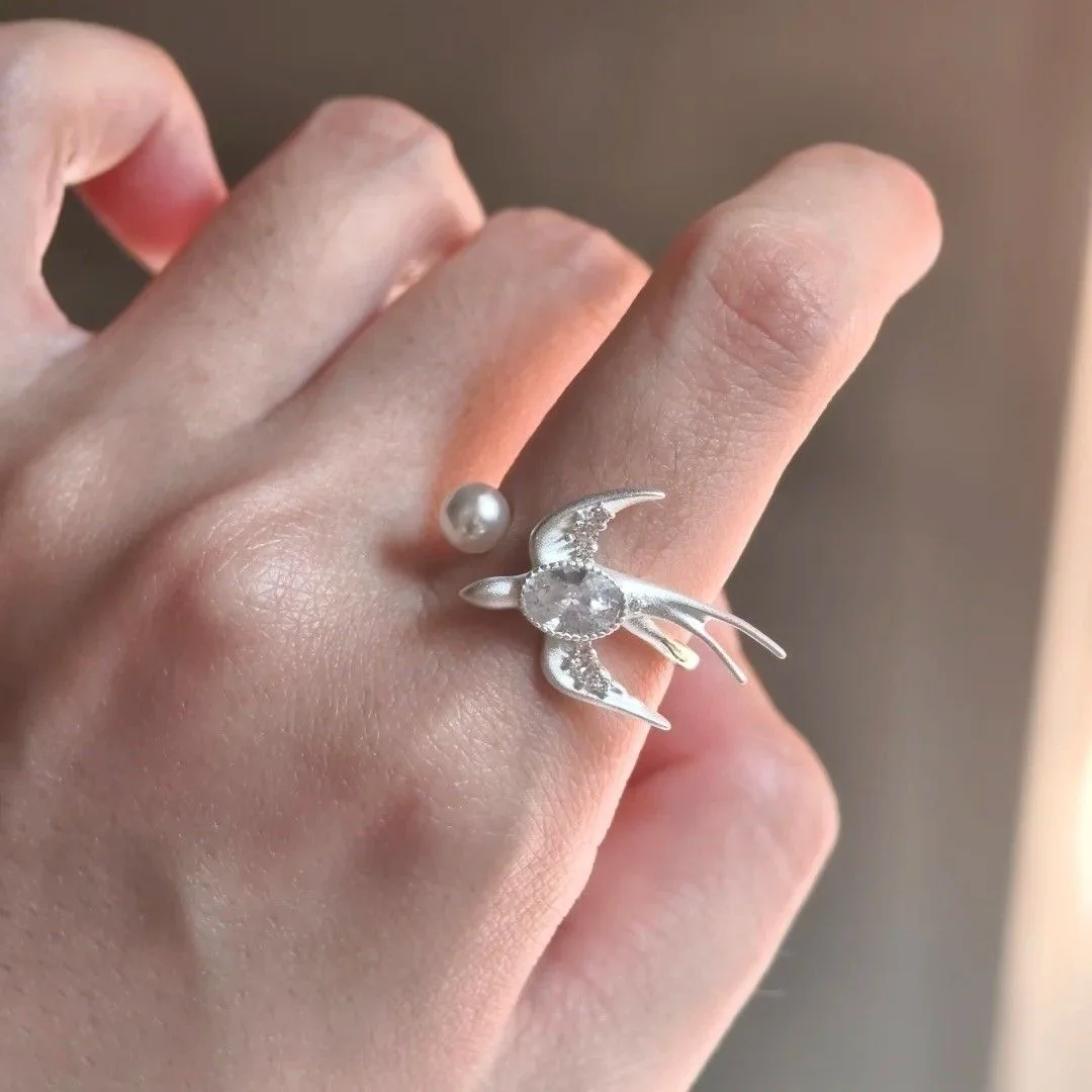 925 Sterling Silver Rings For Women Simple Vintage Fly Bird Adjustable Finger Geometric Ring Fashion Band Female Bijoux Gift