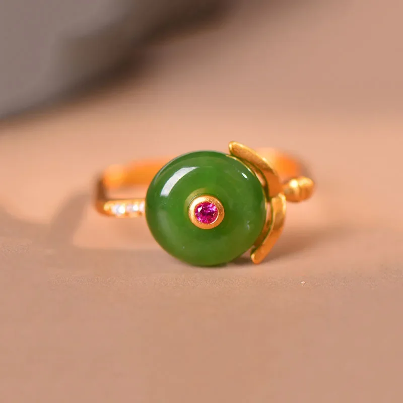

Ancient gold craft Natural Hetian jade vintage charm unique square design rings for women adjustable stylish fresh party jewelry