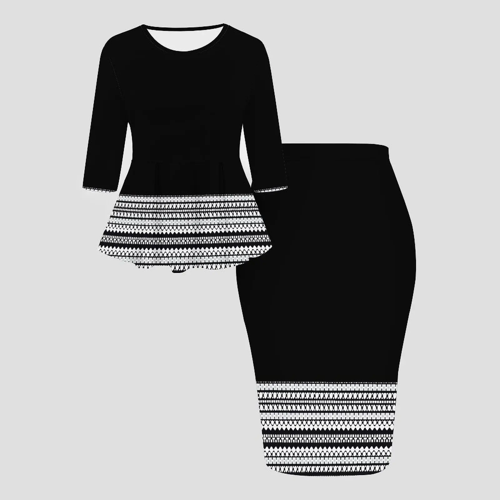 Vintage Floral Print Lady Two-piece Set, Autumn and Winter Half Sleeve Round Neck Slim Skirt Beach Vacation Tight Skirt