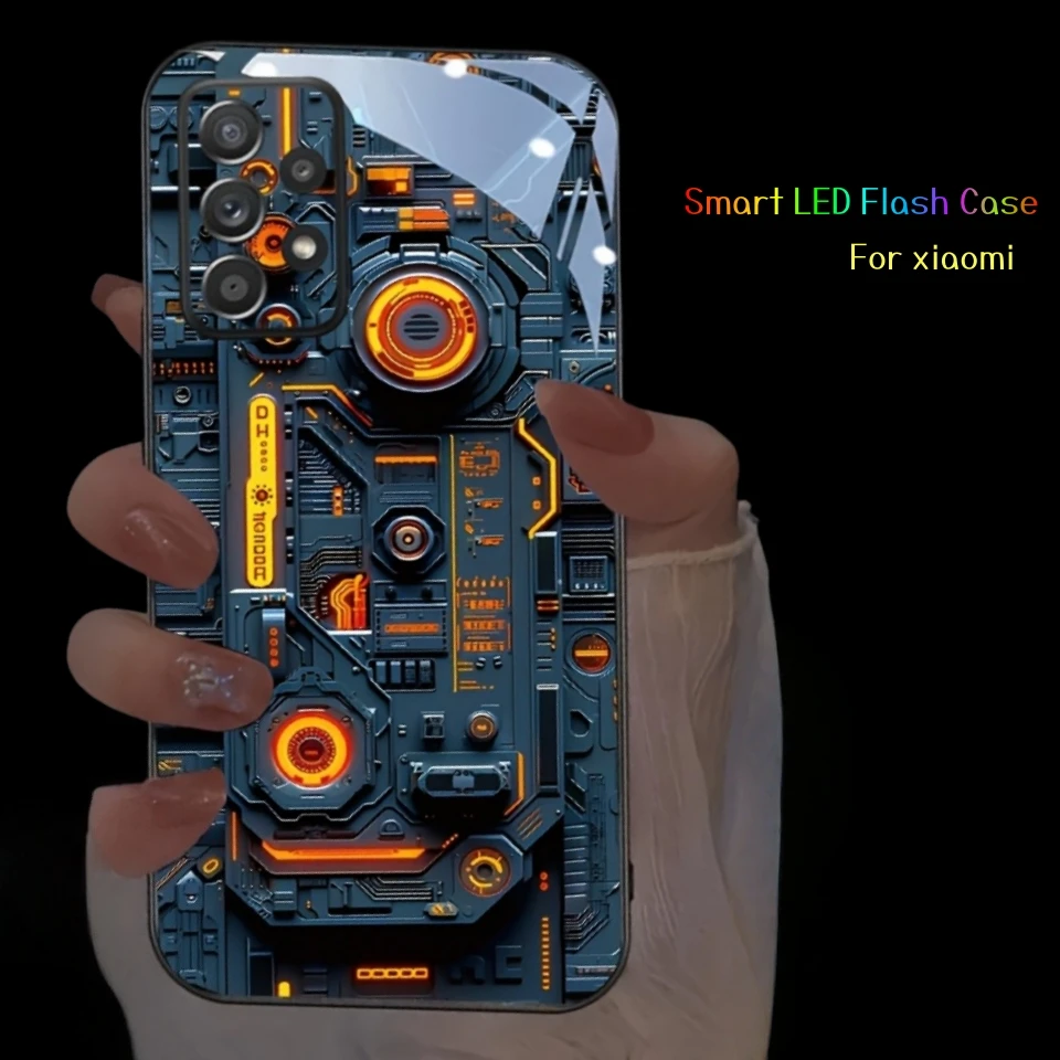 

Orange Mechanical Luminous Glass Phone Case For Xiaomi Redmi Note 12 14 13 11 Pro Plus 4G 5G 14T 13T LED Flash Coque Cover Shell