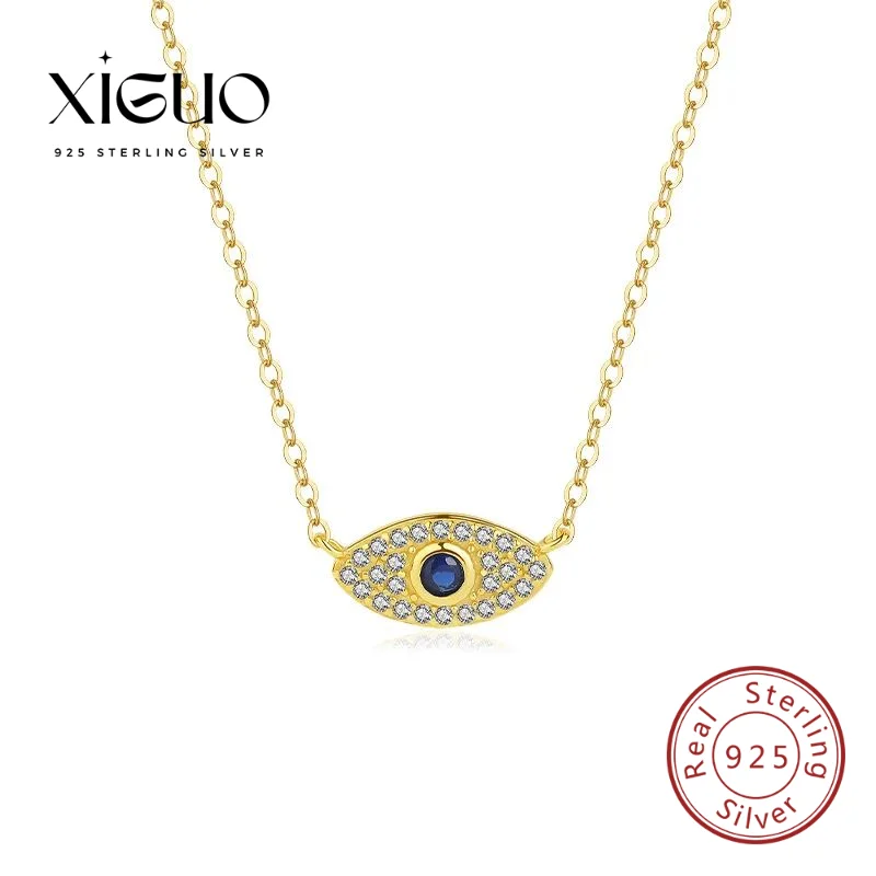 S925 เงินสเตอร์ลิงชุบทองคลาสสิกสีฟ้าเพทายปีศาจตาสร้อยคอจี้สําหรับผู้หญิง