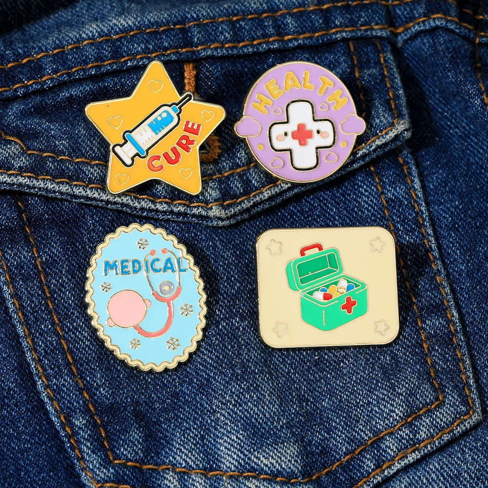 4Styles Funny Doctor Nurse Theme Enamel Brooches Cute Health Syringe Cure Stethoscope Medical Kit Pattern Golden Pins