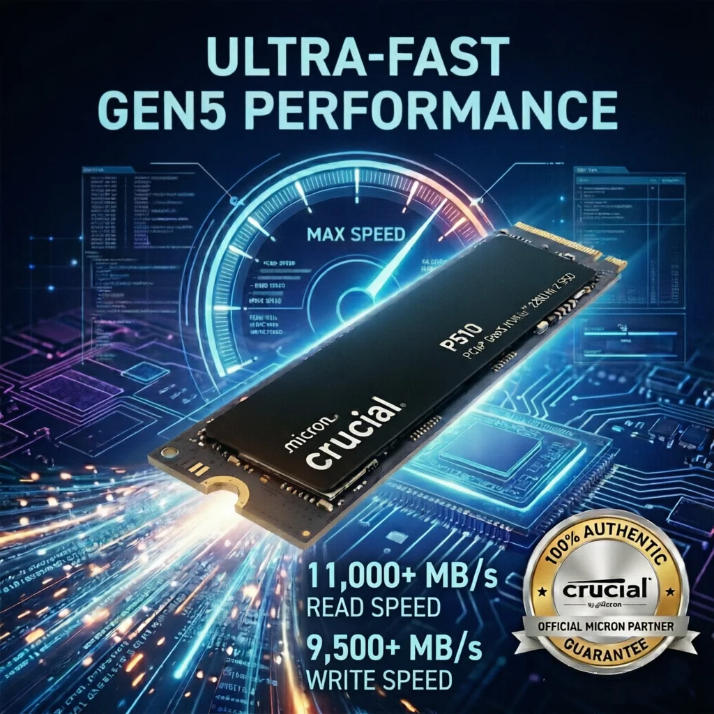 

Crucial P510 SSD 1TB PCIe 5.0 NVMe M.2 2280 Gen5 x4 11000MB/s Internal Hard Drive for Desktop Laptop Gaming PC Original OEM
