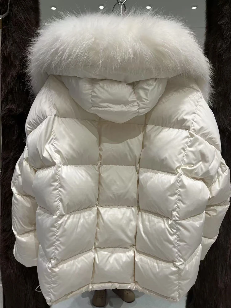 2025 New Thick Warm White Duck Down Coat Waterproof Parka Oversized Raccoon Fur Collar Winter Puffer Hooded Jacket Women