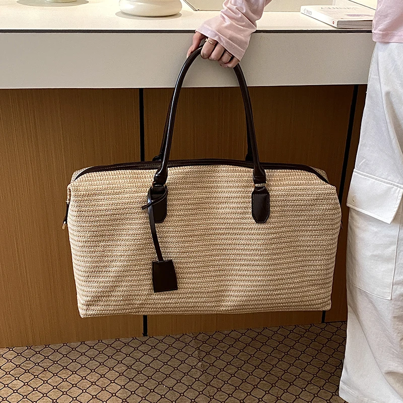 

Женская летняя пляжная сумка-тоут оверсайз из соломы и искусственной кожи с пэчворком, модная, вместительная, в стиле Бали Бохо, 2026