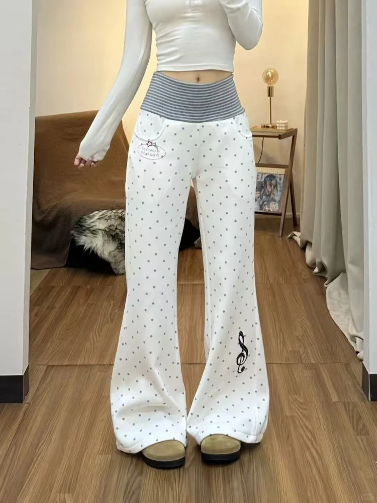 Hot Girl New Fashion White Polka Dot Slim Trousers Women Casual  Striped Thin Straight Leg Pants Japanese Patchwork Mopping Pant