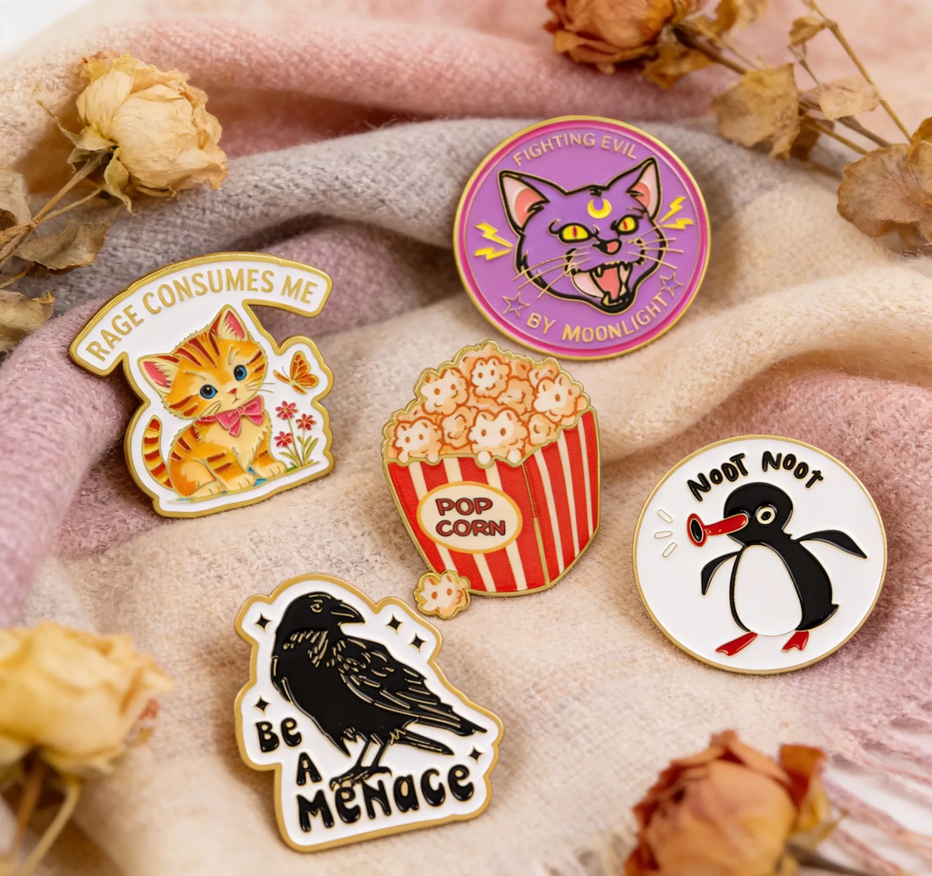 

5pcs/set Kitten Popcorn Enamel Pins Metal Brooch Backpack Hat Bag Collar Lapel Badges Men Women Fashion Jewelry Collection Gifts