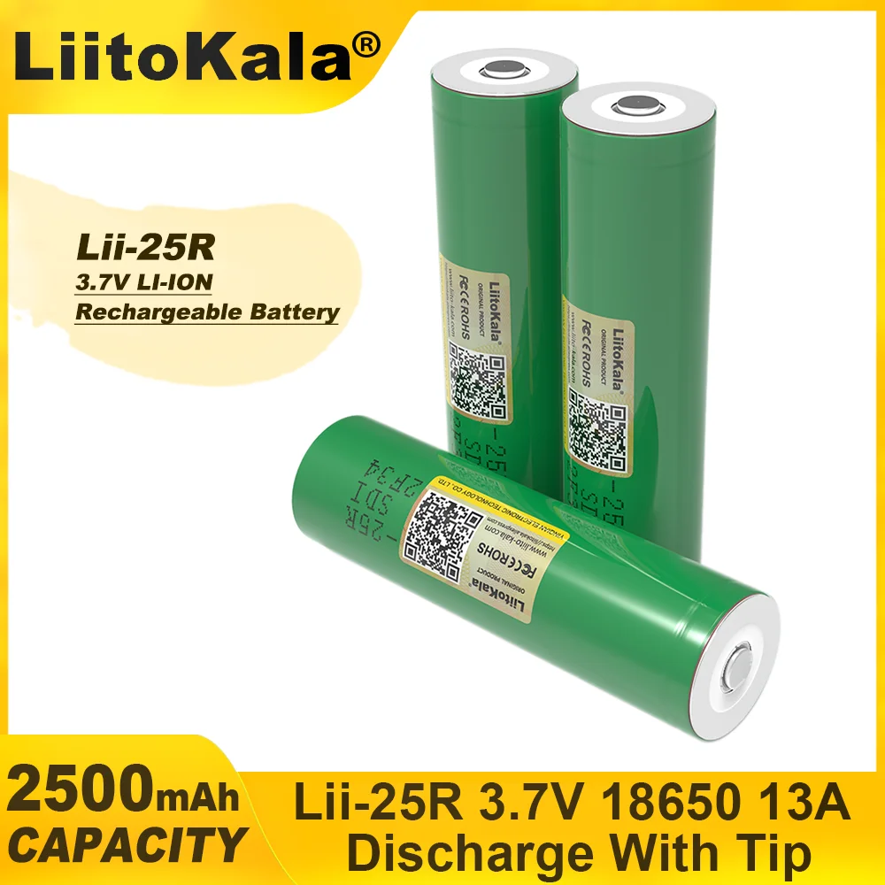 LiitoKala Rechargeable Lithium Battery, High Capacity Nickel Battery, DIY, Lii-25R, 18650, 3.7 V, 2500mAh pointed