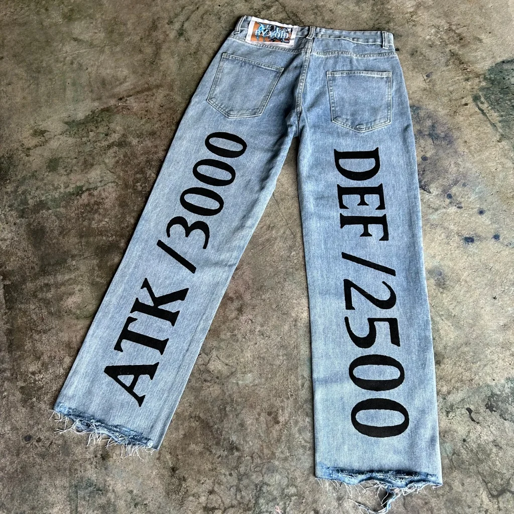 Pantalones vaqueros holgados Harajuku y2k para hombre, pantalón de pierna ancha con estampado de dragón blanco y ojos azules, ropa de calle popular de anime